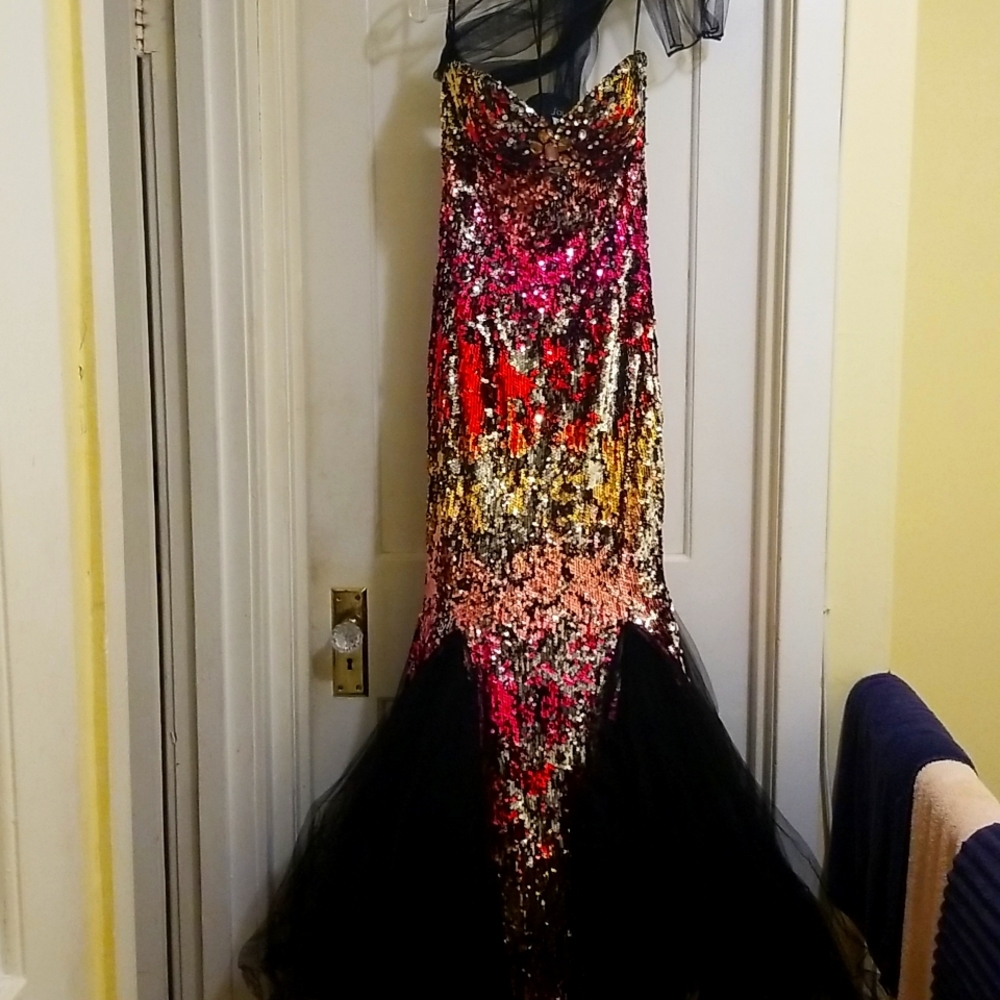 Multi colored  sequined  evening  gown